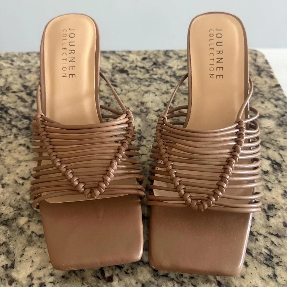 Journee Collection High Heel Sandals Women 10‎ Tan Excellent Caged Square Toe